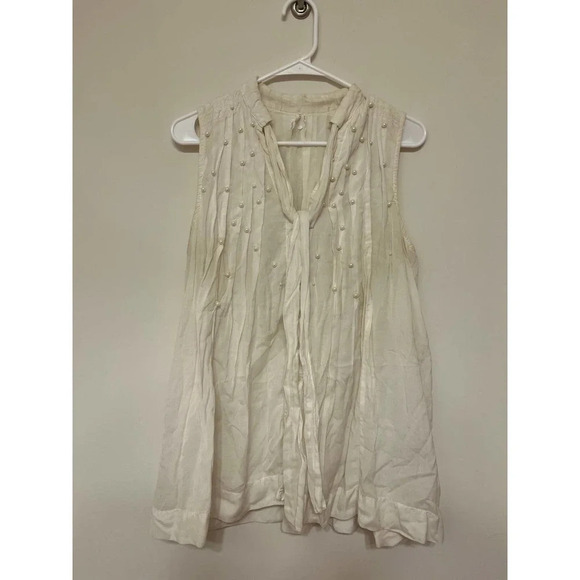 Anthropologie Feather Bone Blouse Top Ivory Pearl Sleeveless Button Up Medium - Picture 1 of 7